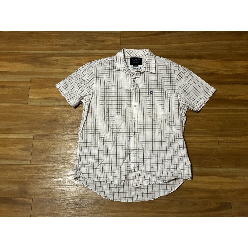 Joules Button Up Shirt Men’s Large White Plaid Short Sleeve Cotton Classic Fit